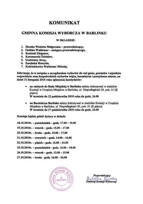 Komunikat Gminnej Komisji Wyborczej w Barlinku dotyczący zgłaszania kandydatów do Rady Miejskiej i kandydatów na Burmistrza Barlinka oraz informacja o pełnionych przez Komisję dyżurach.